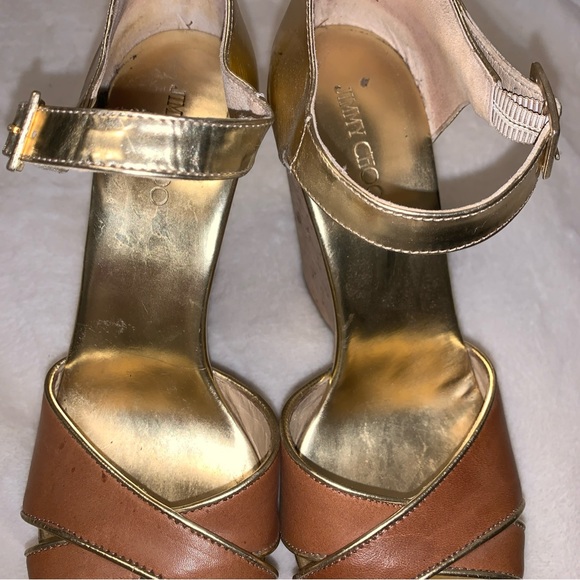 Jimmy Choo Wedge Size 39 1/2 Neutral Patent Leather Cork Platform Open Toe Wedge - Picture 4 of 14